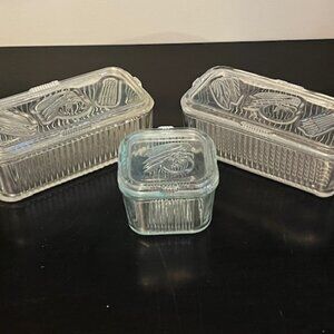 3 pc Vintage / Antique Federal Glass Ribbed Refrigerator with Vegetable Pattern